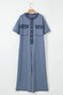 Half Placket Chest Pockets Short Sleeve Wide Leg Jumpsuit